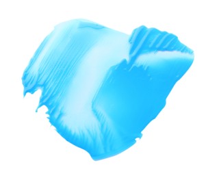 Photo of Light blue paint sample on white background, top view