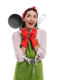 Photo of Young housewife with saucepan and whisk on white background