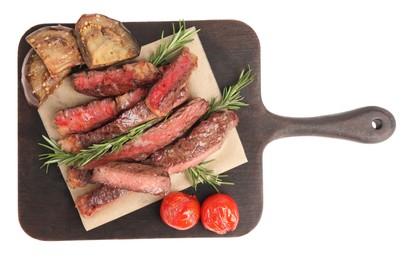 Photo of Delicious grilled beef with vegetables and rosemary isolated on white, top view
