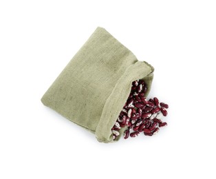 Photo of Overturned sack with dry kidney beans isolated on white, top view