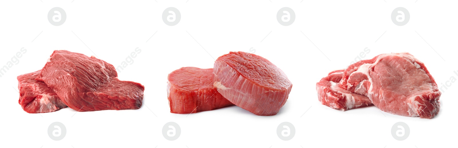 Image of Set with raw meat on white background. Banner design  