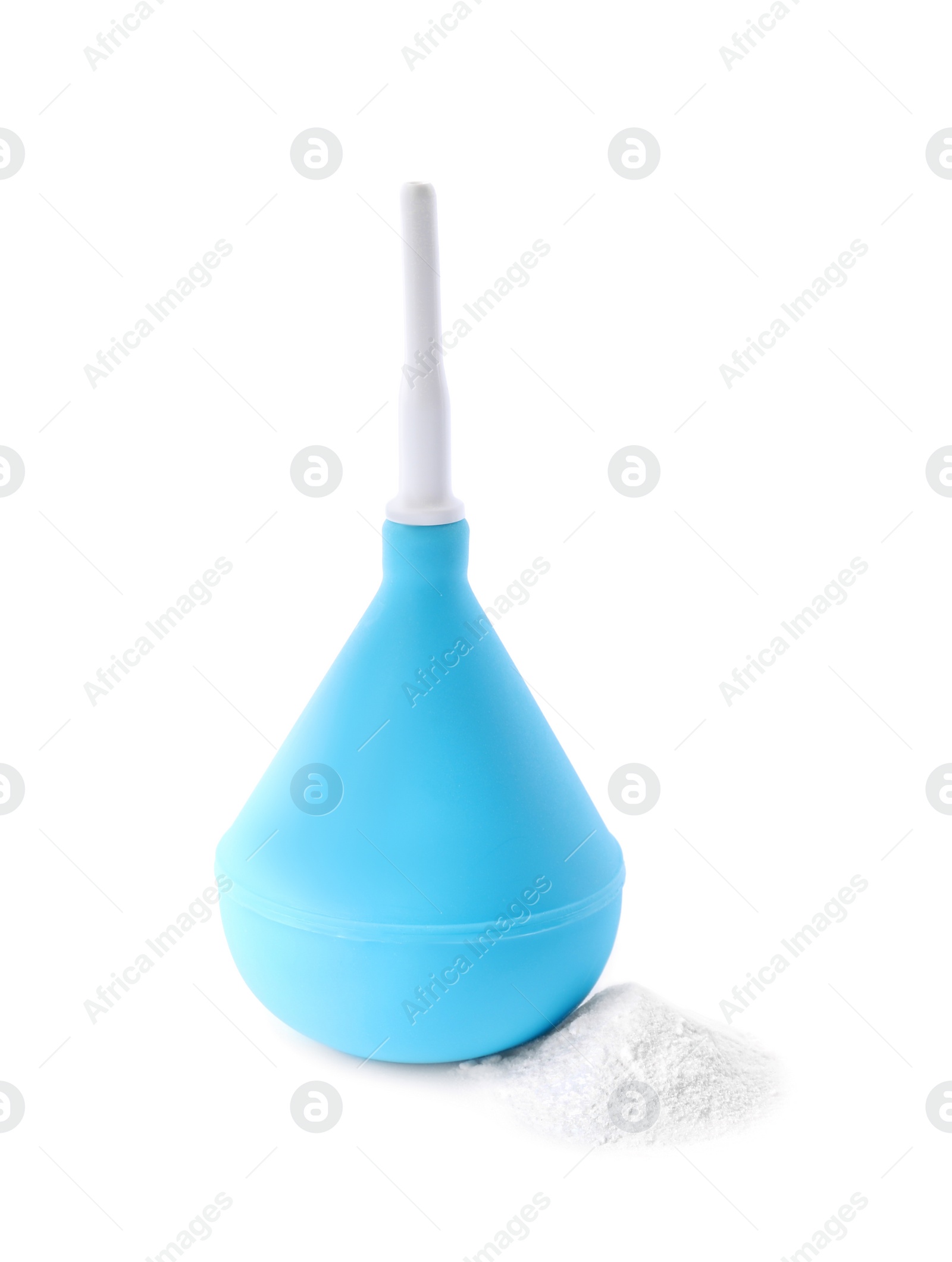 Photo of Blue enema and soda powder on white background