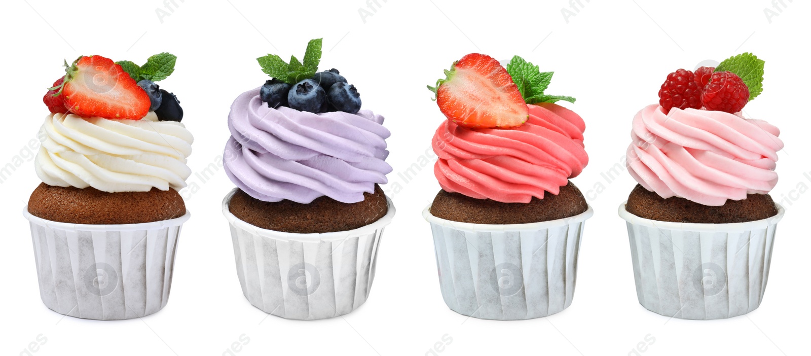 Image of Set with delicious cupcakes on white background. Banner design 