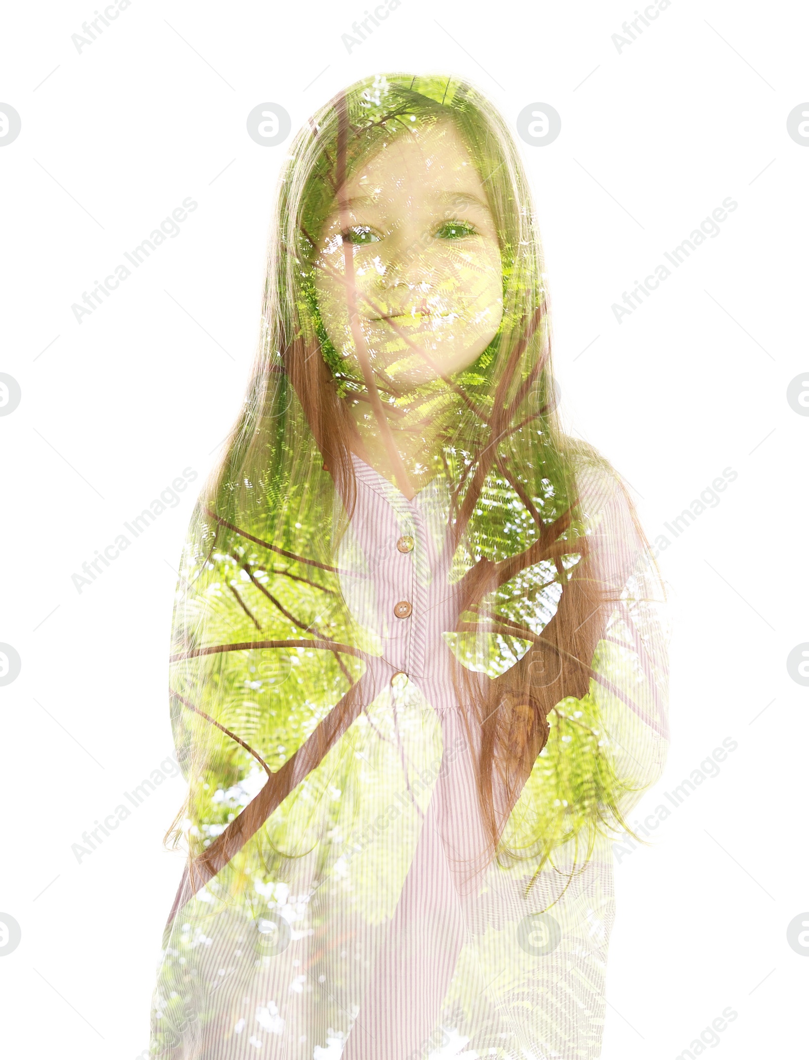 Image of Double exposure of cute little girl and green tree on white background