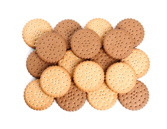 Photo of Different tasty sandwich cookies on white background, top view