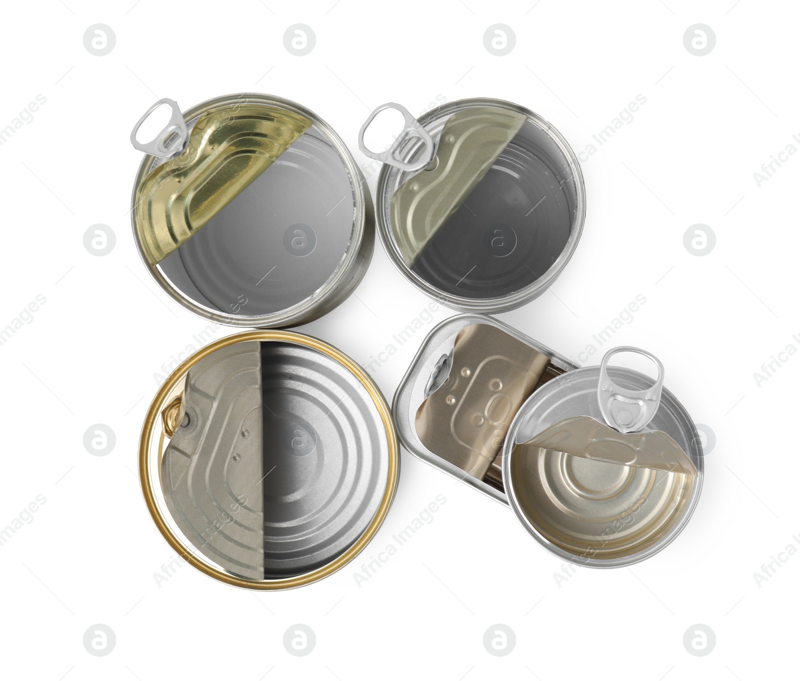 Photo of Open tin cans isolated on white, top view