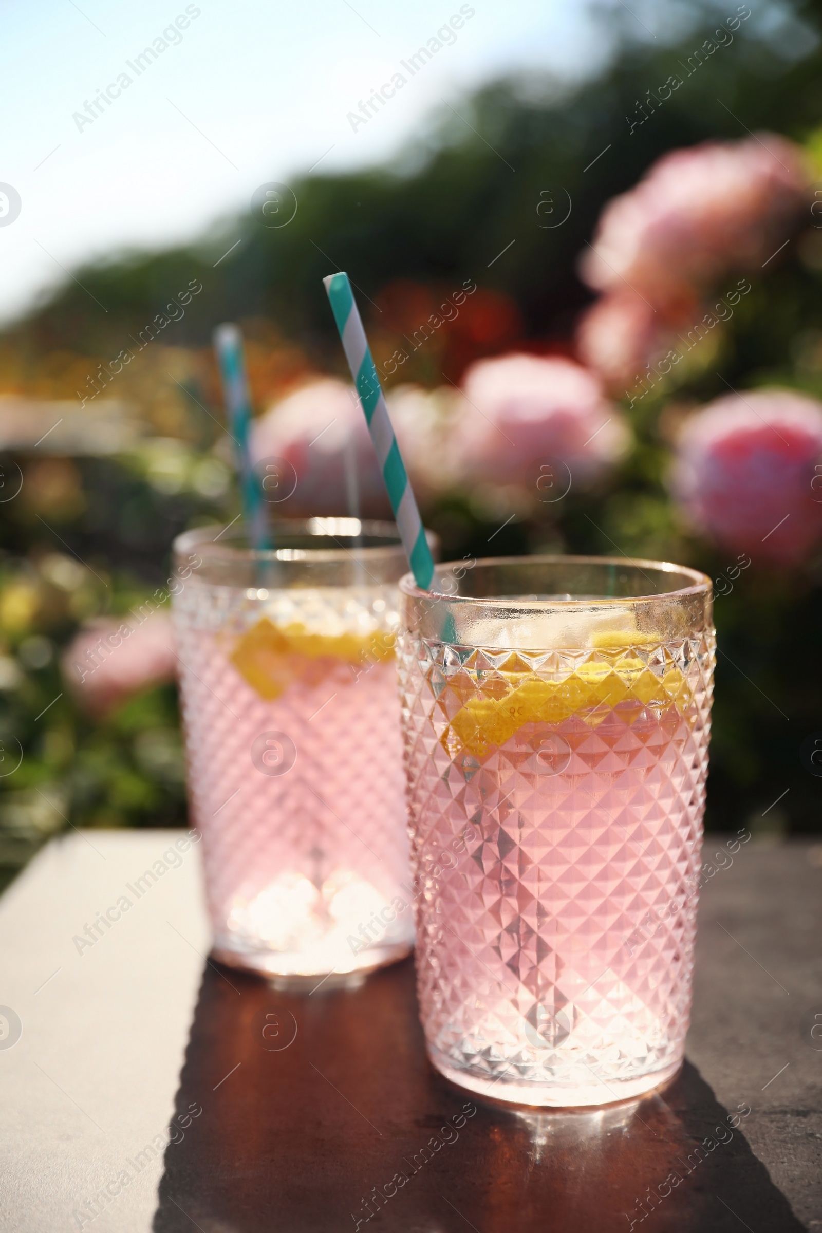 Photo of Glasses of pink rose lemonade on table in blooming garden