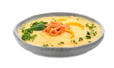 Photo of Plate with fresh tasty shrimp and grits on white background