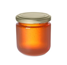 Photo of Tasty natural honey in glass jar isolated on white