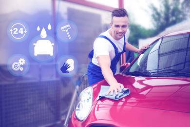 Image of Car wash, full service related icons. Man cleaning automobile with cloth