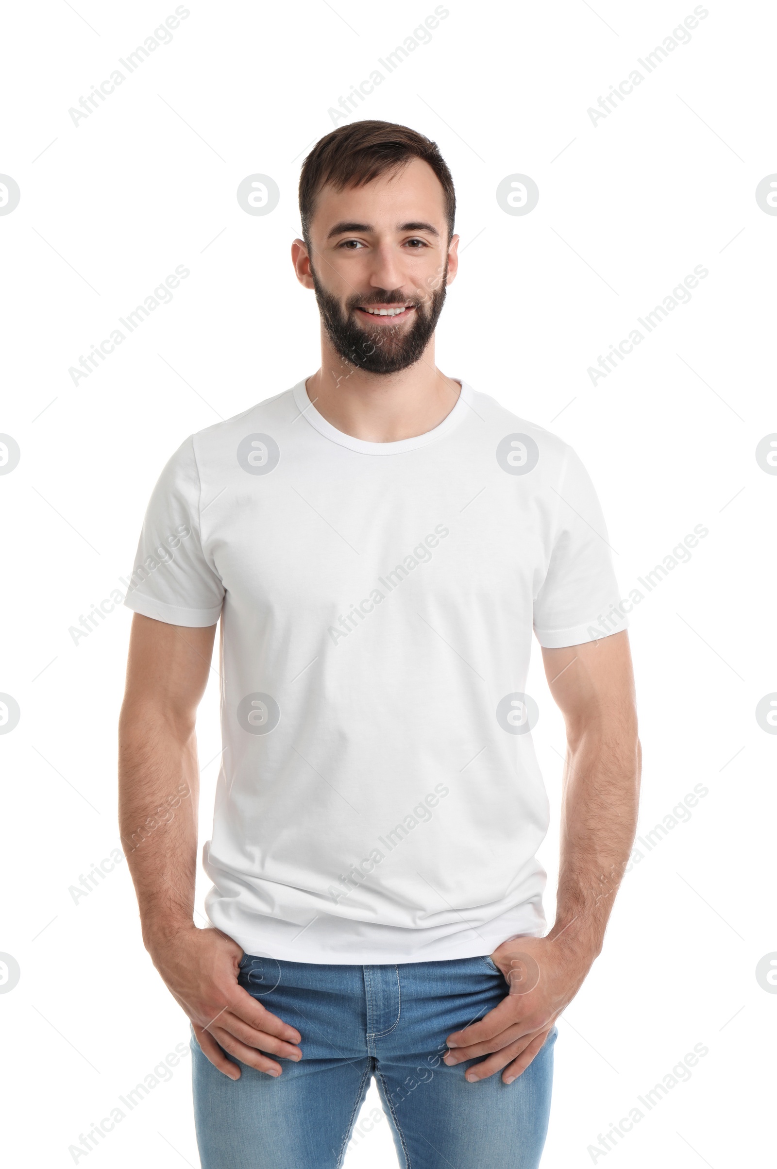 Photo of Young man in t-shirt on white background. Mockup for design