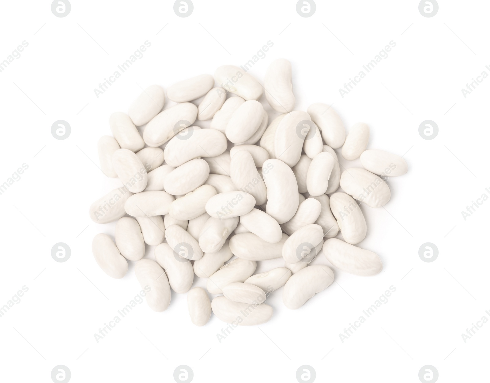 Photo of Pile of raw beans on white background, top view. Vegetable planting