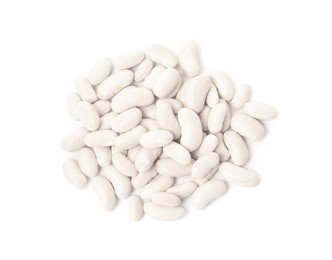 Photo of Pile of raw beans on white background, top view. Vegetable planting