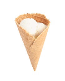 Delicious vanilla ice cream in wafer cone on white background