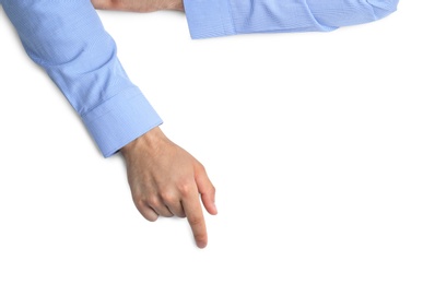 Photo of Man on white background, top view. Closeup of hand