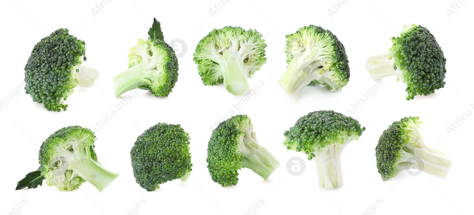 Image of Set of fresh green broccoli on white background, banner design 