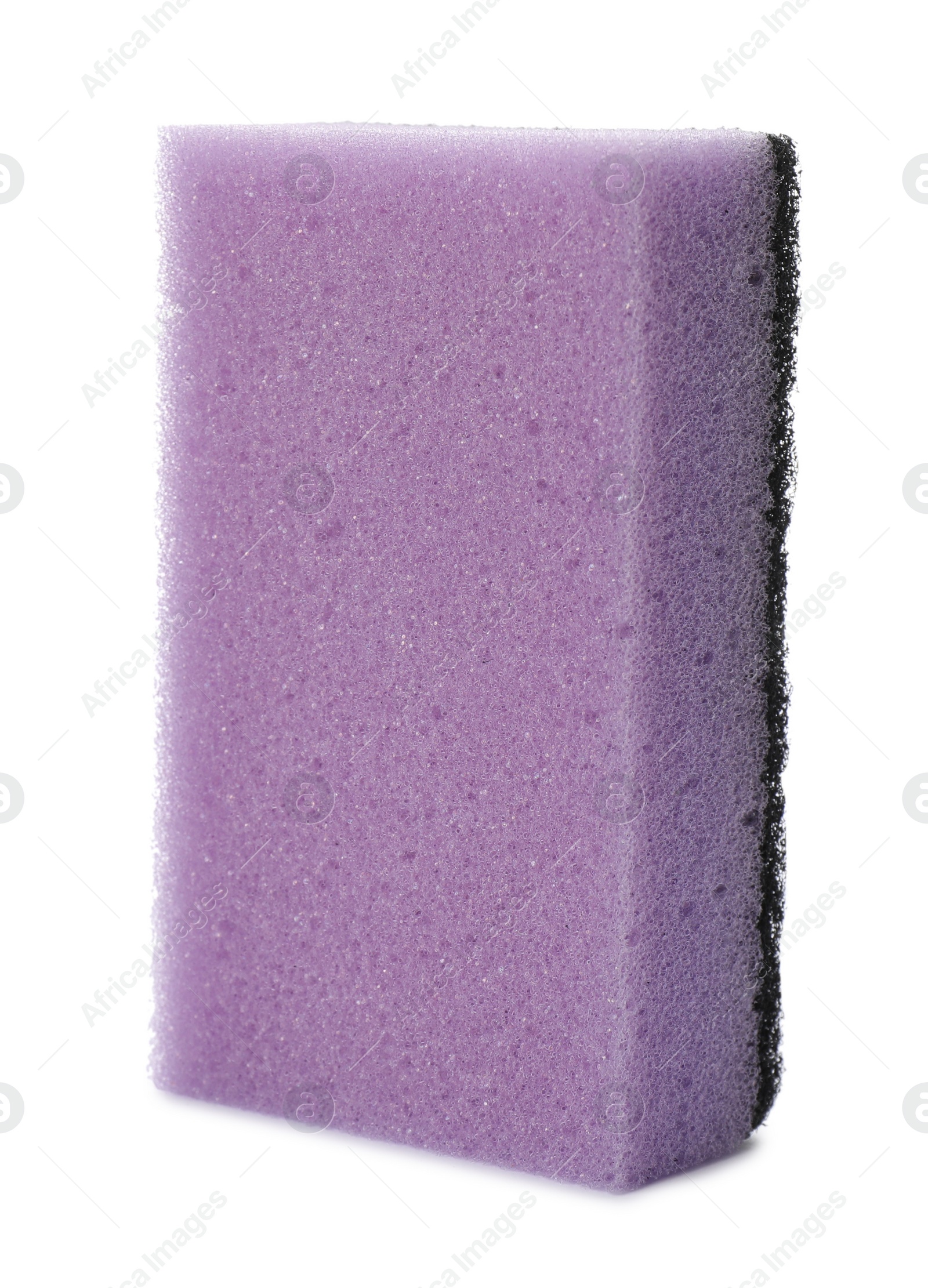 Photo of Purple cleaning sponge with abrasive black scourer isolated on white