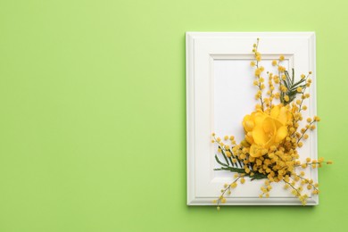 Beautiful floral composition with mimosa flowers and frame on green background, top view. Space for text