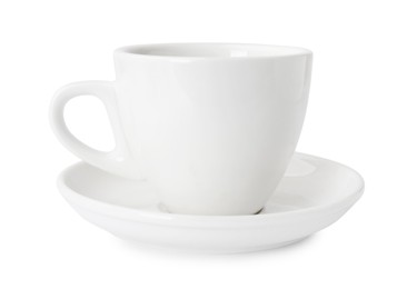 Photo of Ceramic cup and saucer isolated on white