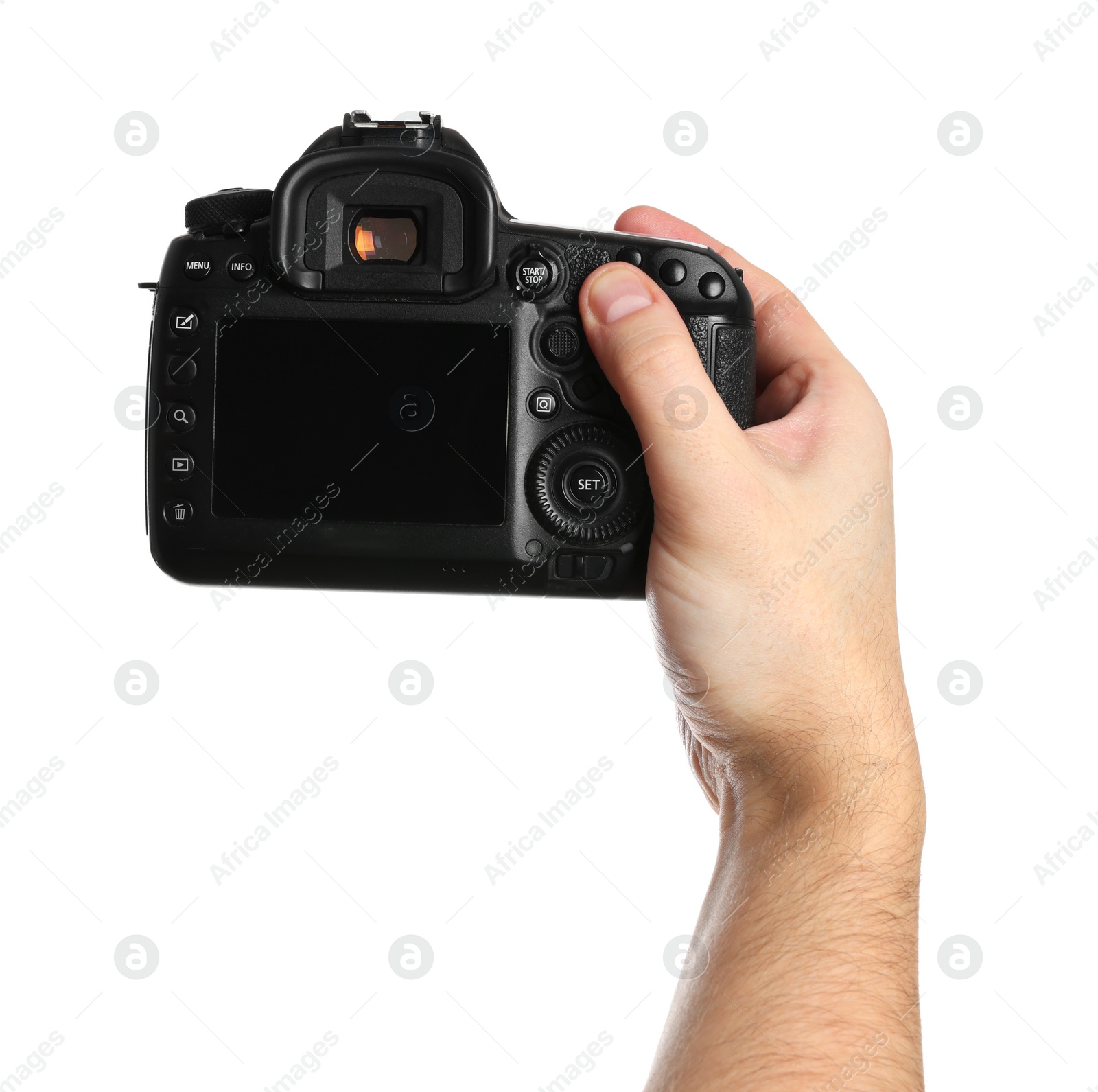 Photo of Photographer holding modern camera on white background, closeup