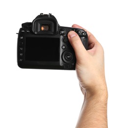 Photo of Photographer holding modern camera on white background, closeup