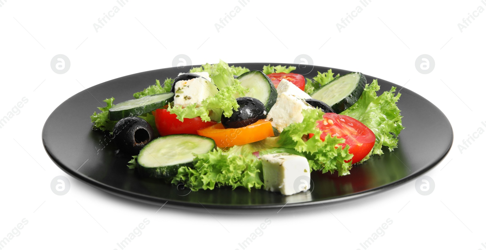 Photo of Tasty fresh Greek salad on white background