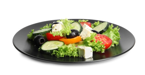 Photo of Tasty fresh Greek salad on white background