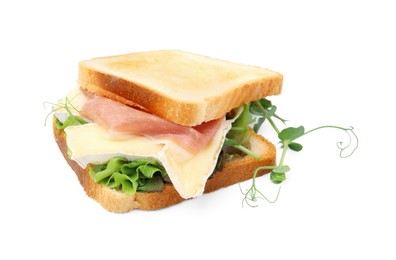 Photo of Tasty sandwich with brie cheese and prosciutto isolated on white
