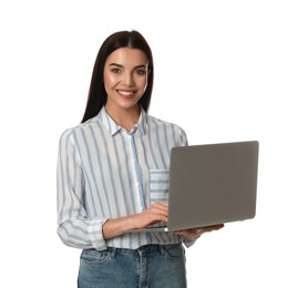 Photo of Young woman with modern laptop on white background