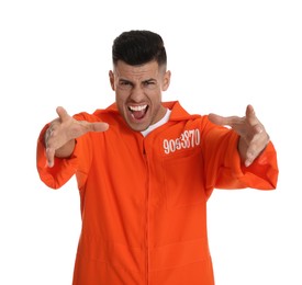 Emotional prisoner in orange jumpsuit on white background