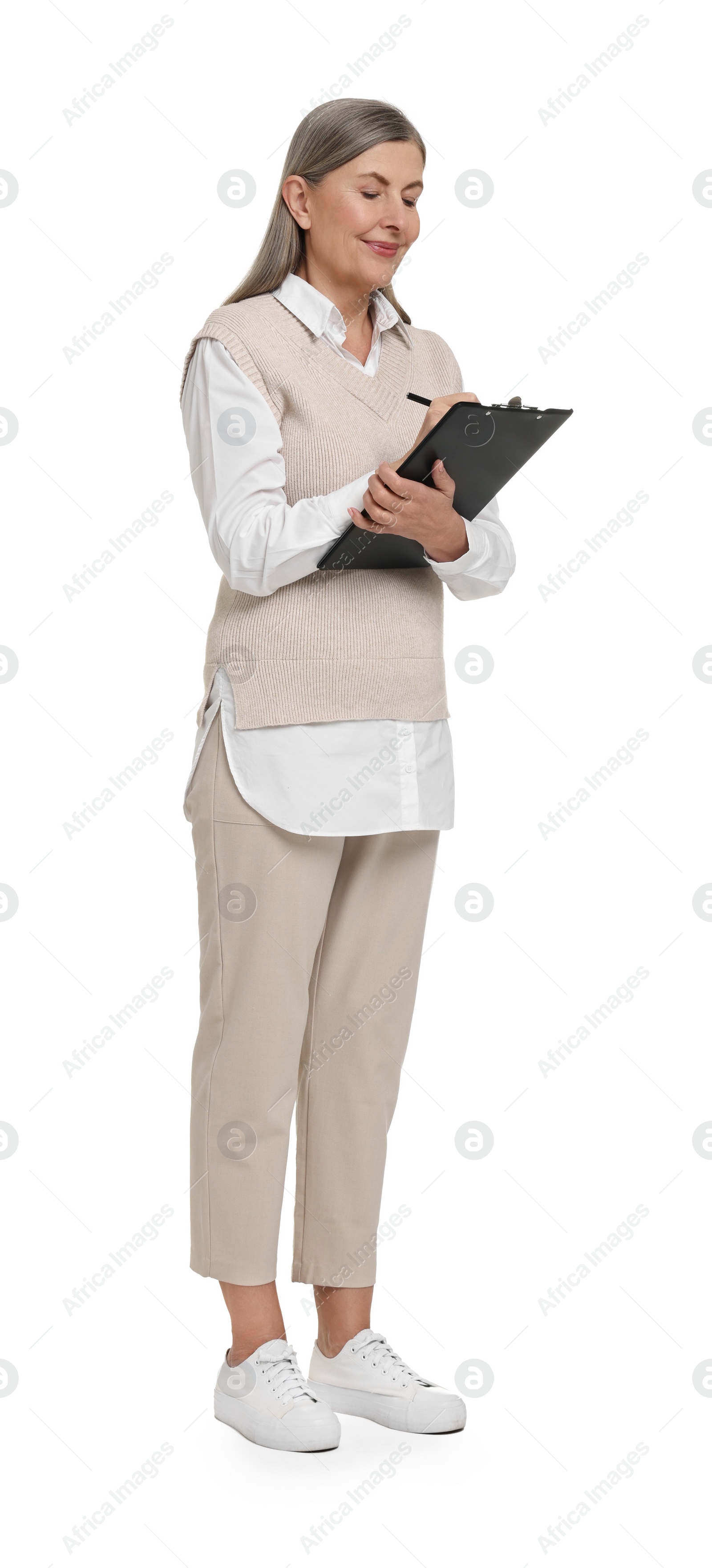 Photo of Senior woman with clipboard on white background