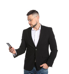 Photo of Businessman in glasses with smartphone on white background