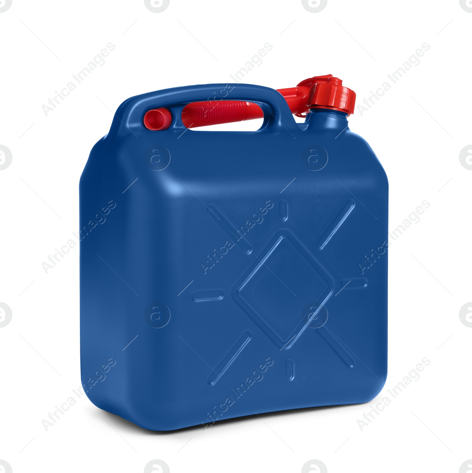 Photo of New blue plastic canister isolated on white