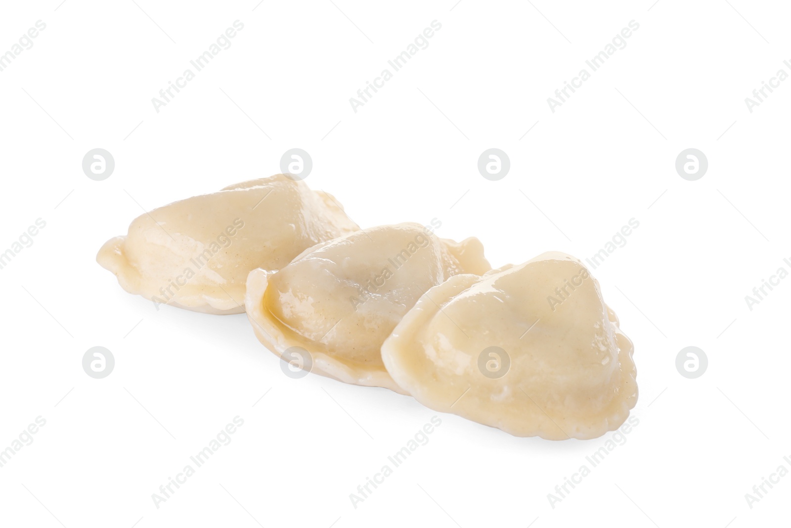 Photo of Delicious dumplings (varenyky) with tasty filling on white background