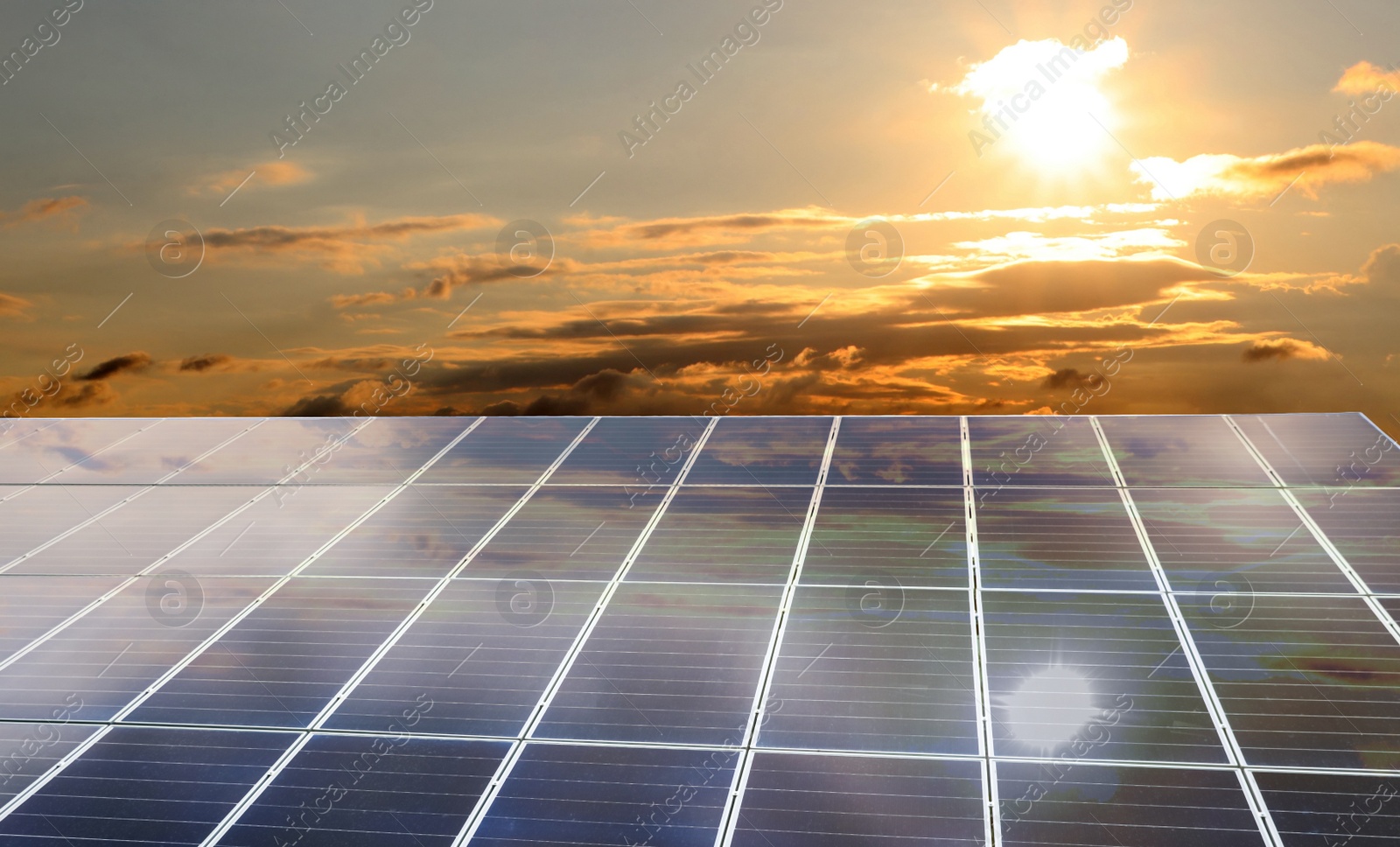Image of Solar panels installed outdoors. Alternative energy source