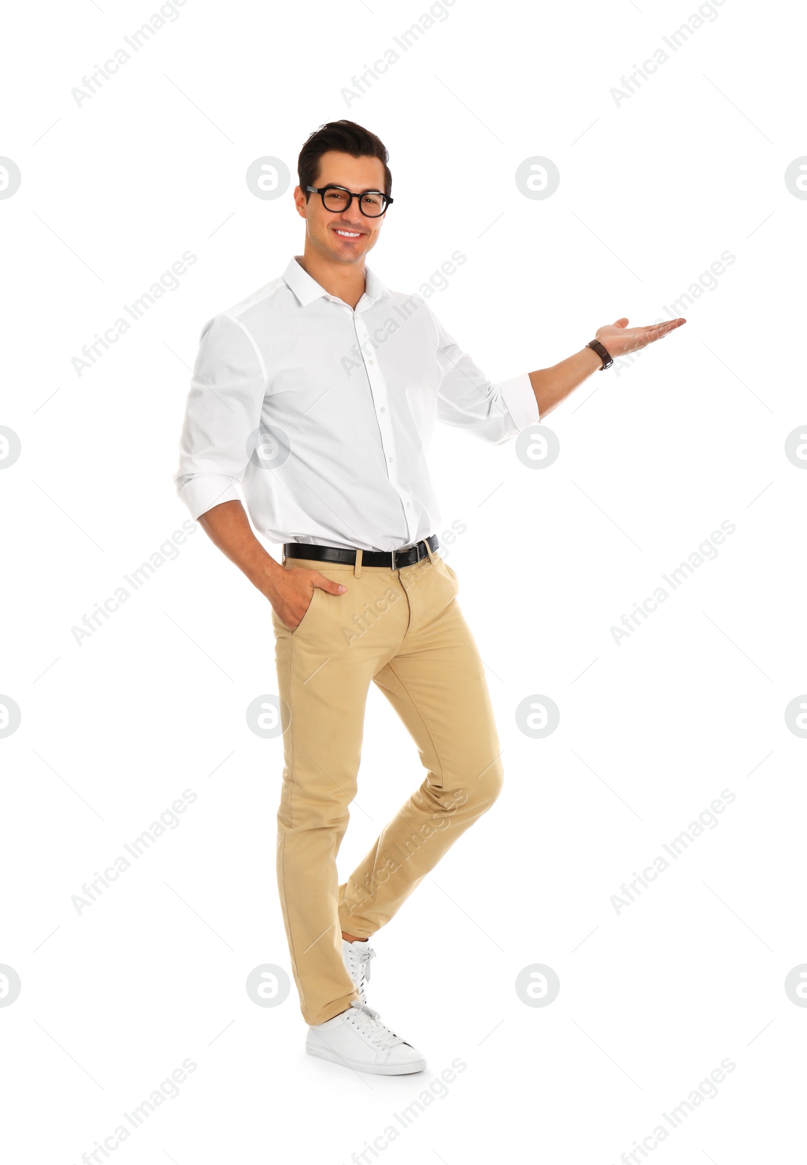 Photo of Professional business trainer pointing on something, white background