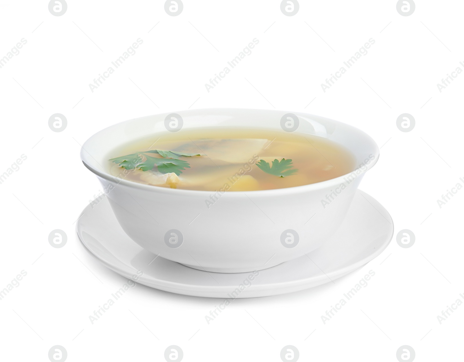 Photo of Delicious fish soup in bowl isolated on white