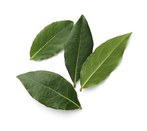 Photo of Aromatic fresh bay leaves isolated on white, top view