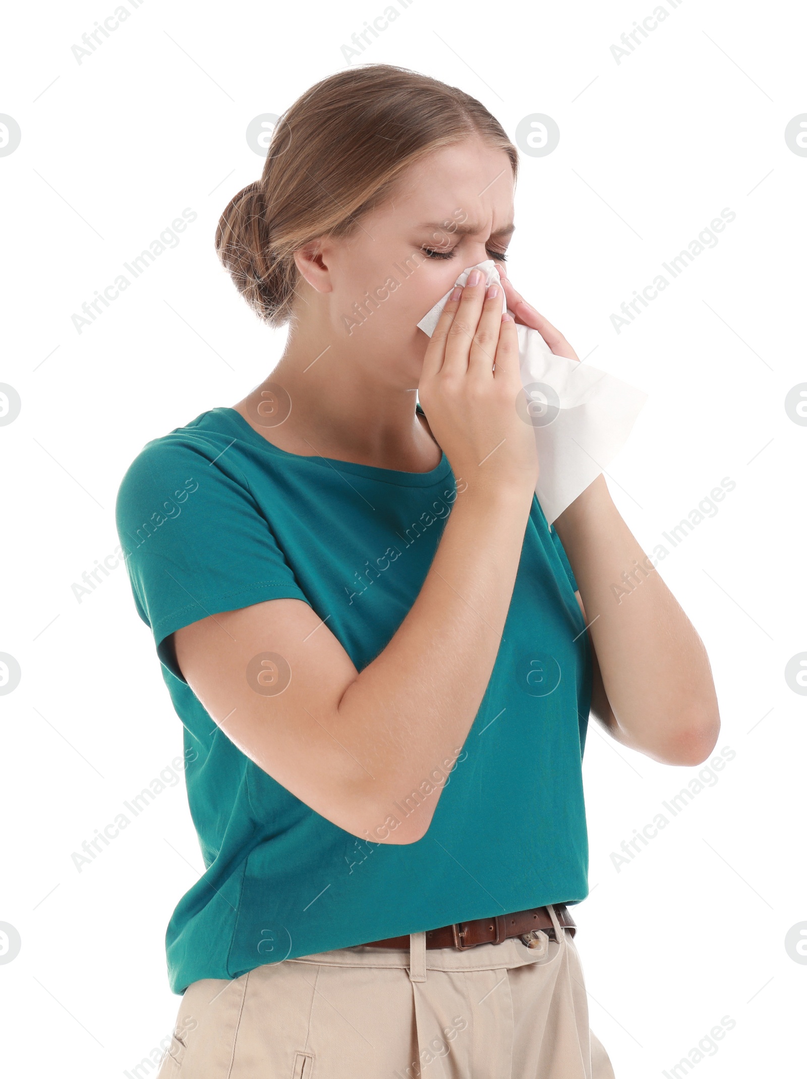 Photo of Young woman suffering from allergy on white background