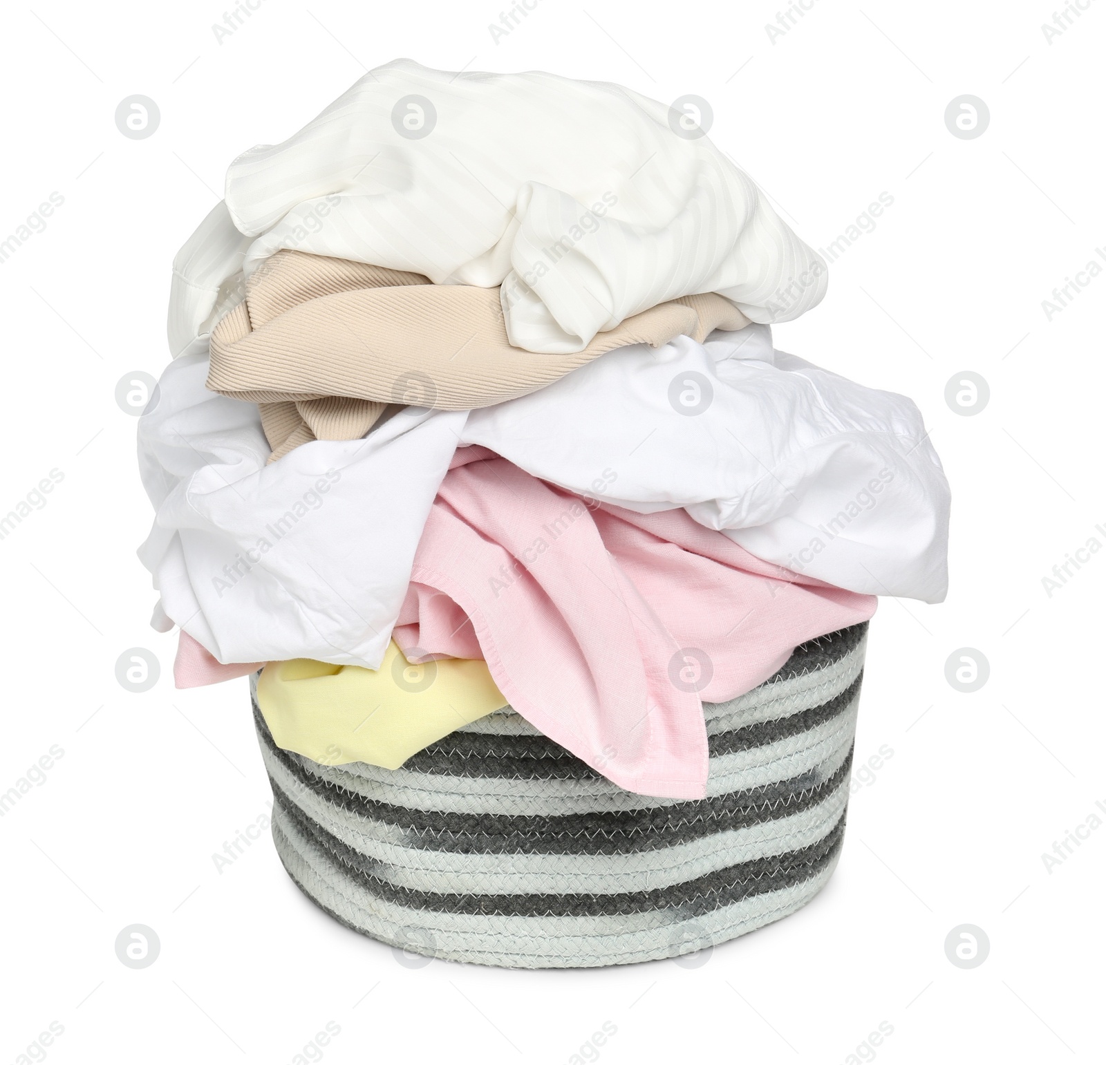 Photo of Laundry basket with clean colorful clothes isolated on white