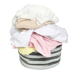 Photo of Laundry basket with clean colorful clothes isolated on white