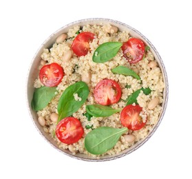 Photo of Delicious quinoa salad with tomatoes, beans and spinach leaves isolated on white, top view