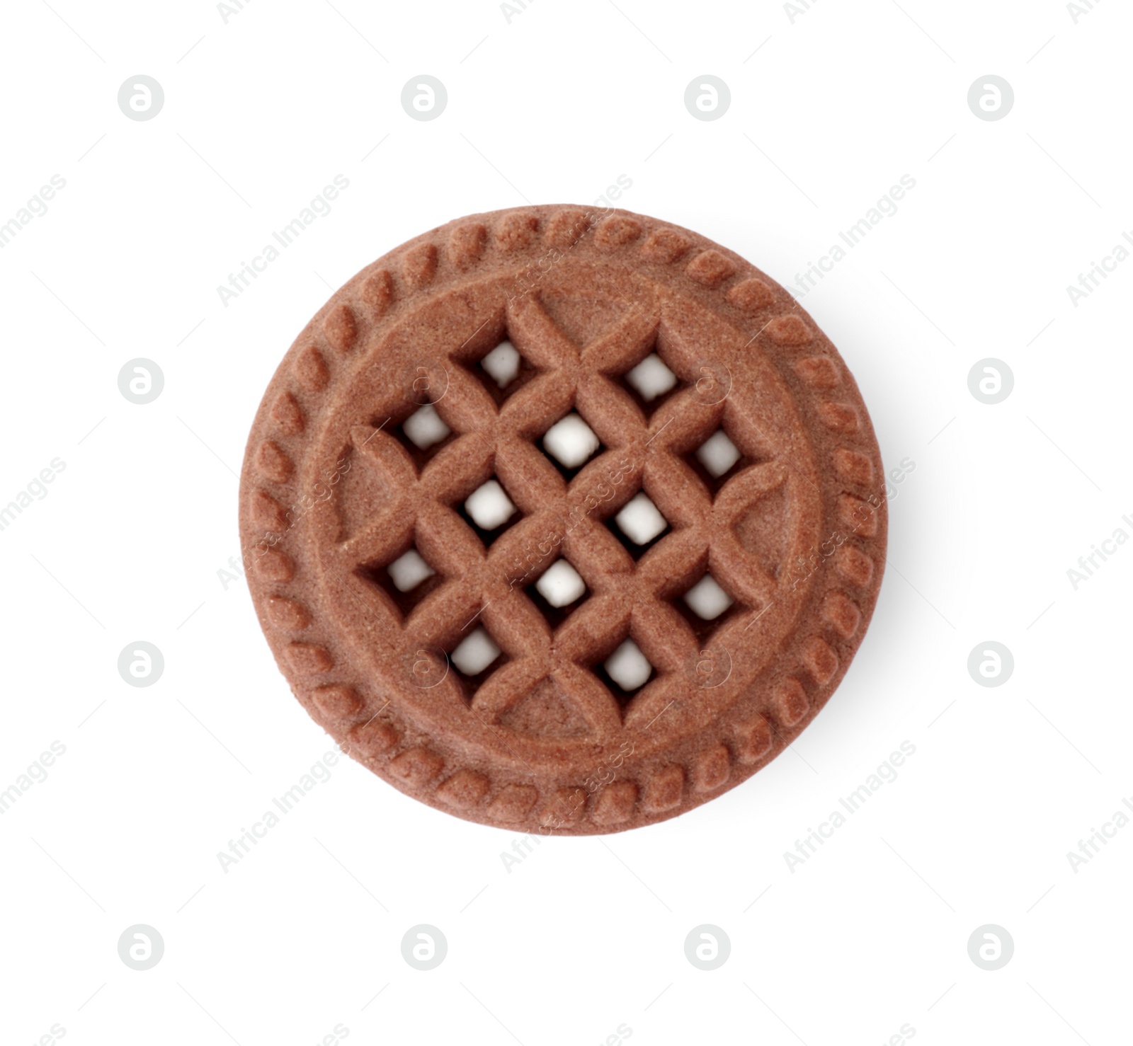 Photo of Tasty chocolate sandwich cookie with cream isolated on white, top view