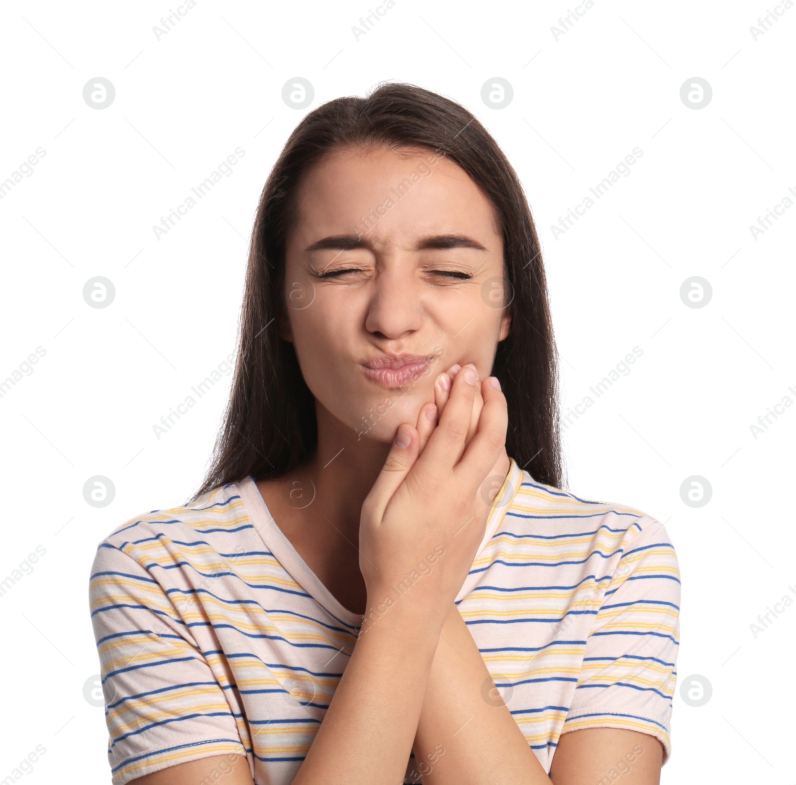 Photo of Young woman suffering from toothache on white background