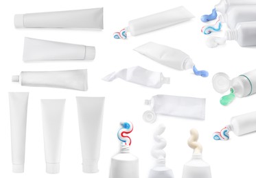 Image of Collage with different toothpastes on white background