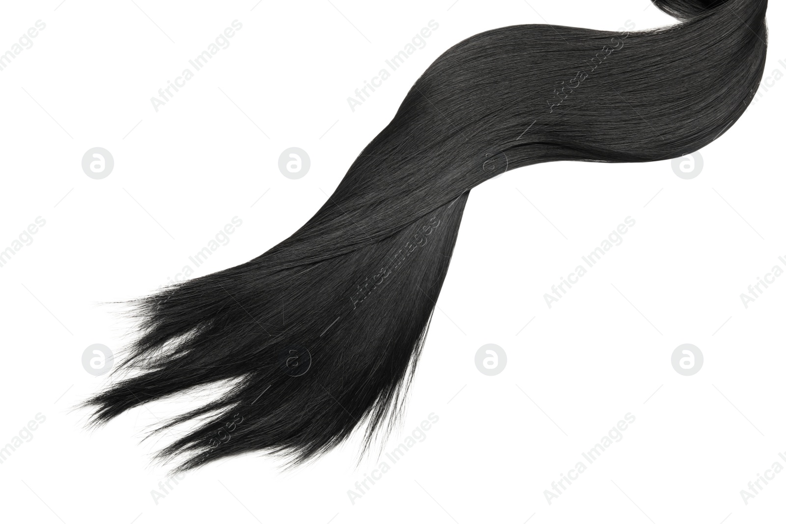 Photo of Lock of beautiful brunette straight hair isolated on white, top view