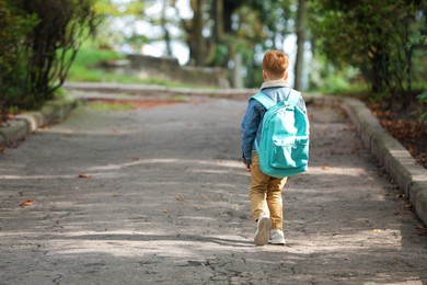 Photo of Little boy with backpack going to school, back view