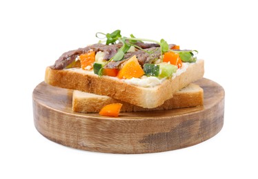 Photo of Delicious toasts with anchovies, cream cheese, bell peppers and cucumbers isolated on white
