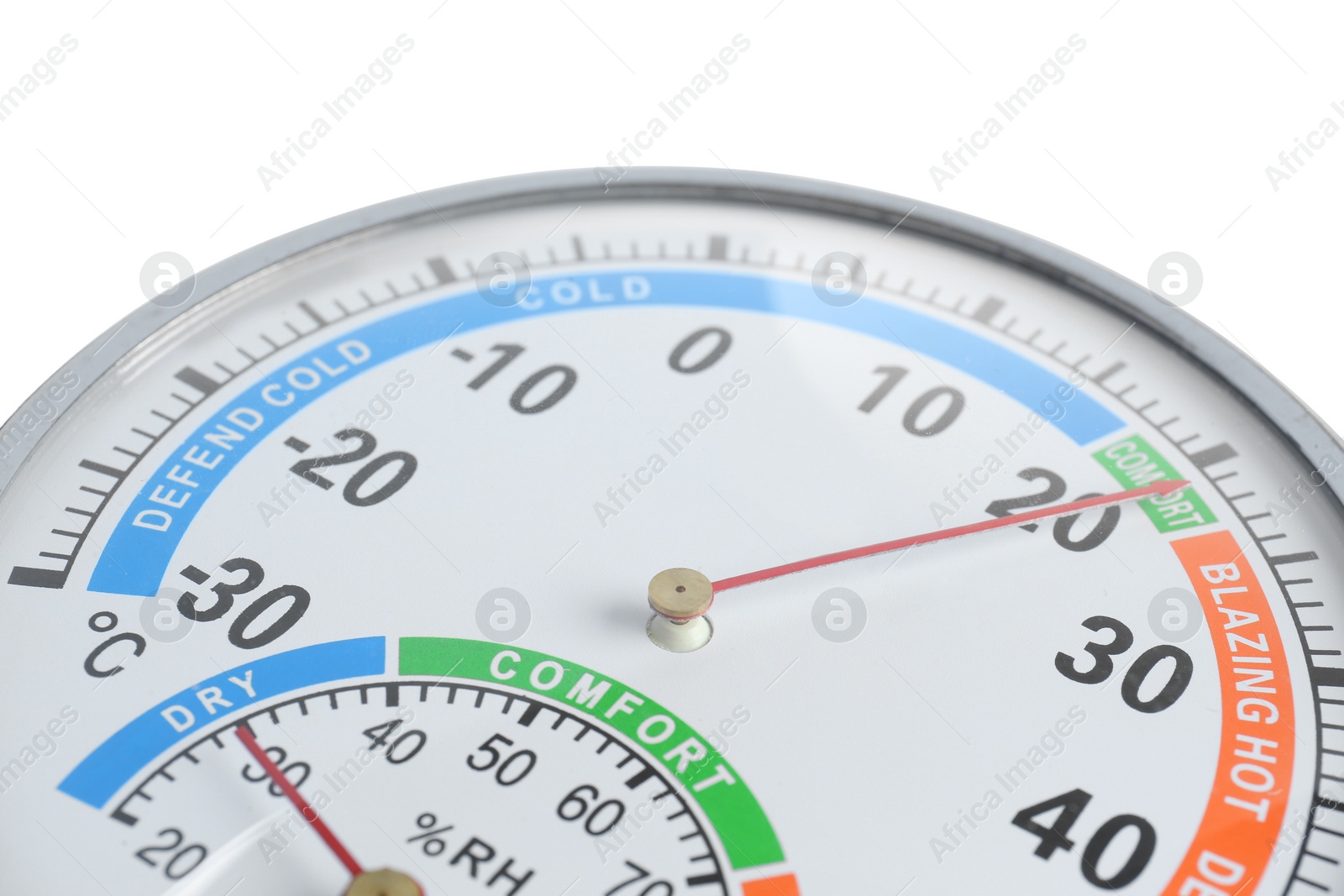 Photo of Round mechanical hygrometer on white background, closeup. Meteorological tool