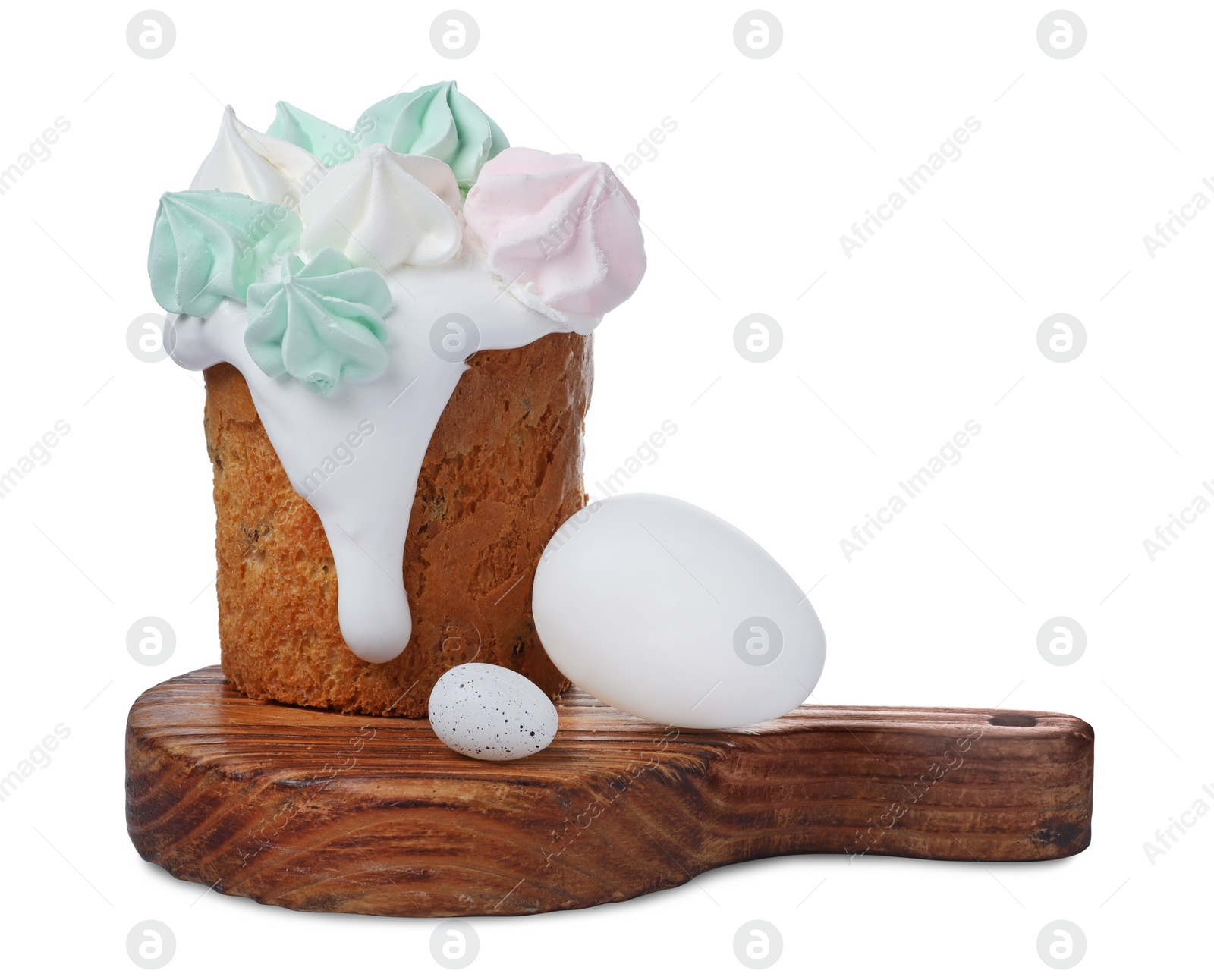 Photo of Traditional Easter cake with meringues and decorated eggs isolated on white